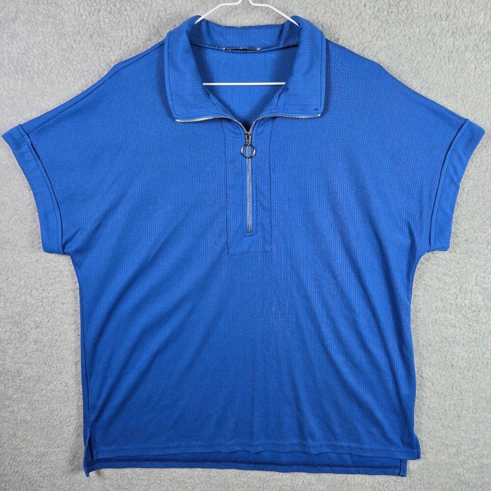 Vivilli Women's XL Blue Ribbed 1/4 Zip Collared Cuffed Short Sleeve Polo Shirt